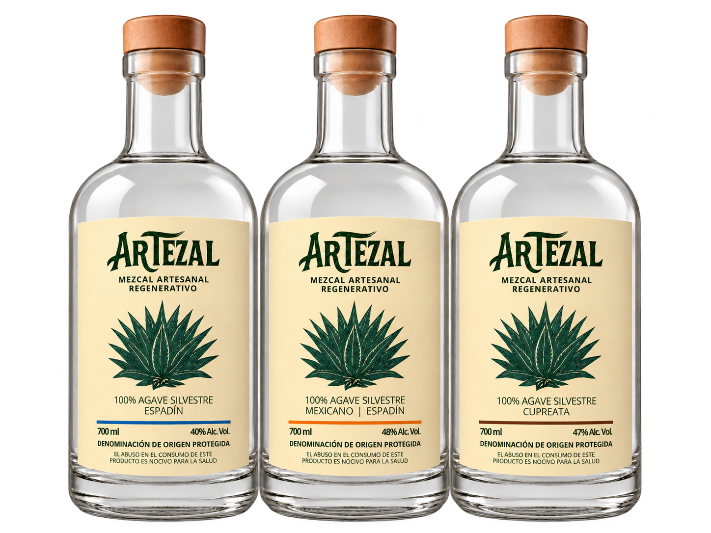 Pack de mezcal artesanal · 3 botellas de 700 ml (Espadín, Ineaquidens-Cupreata, Cupreata)