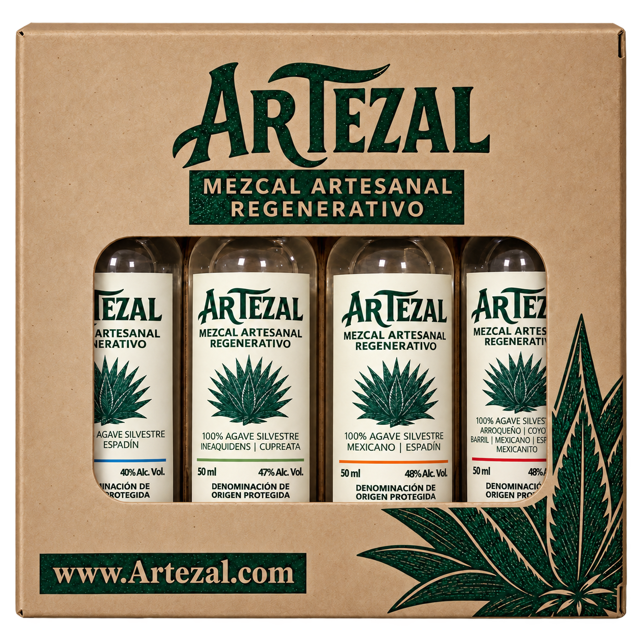 Kit de cata de mezcal artesanal · 4 botellas de 50 ml (Espadín, Cupreata, Inaequidens-Cupreata, Mexicano-Espadín)